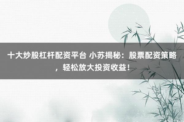 十大炒股杠杆配资平台 小苏揭秘：股票配资策略，轻松放大投资收益！