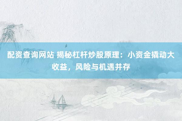 配资查询网站 揭秘杠杆炒股原理：小资金撬动大收益，风险与机遇并存